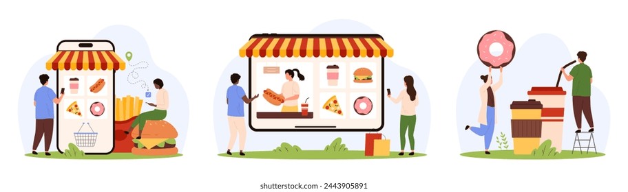 Fast food order online with mobile app set. Tiny people choose category of takeaway meal for lunch or dinner, woman giving hotdog from huge tablet screen with awning cartoon vector illustration