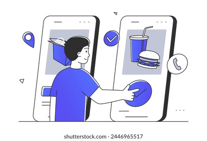 Fast food order online simple. Man with smarthone buying french fries and hamburger. Young guy with takeaway eating on internet. Doodle flat vector illustration isolated on white background