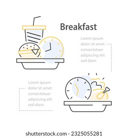 fast food order,Breakfast time,burger with drink and clock, lunch time concept
