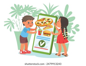 App de pedidos de comida rápida. Los niños piden comida en línea. Pizzería por Internet. Pizza y hamburguesa en la pantalla del smartphone. Aplicación de entrega de restaurantes. Los niños eligen el almuerzo. Espléndido