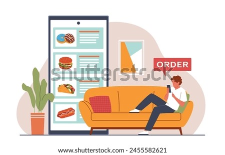 Fast food ordering app. Guy lying on couch and making remote order in mobile application, grocery delivery at home, smartphone app, cartoon flat style isolated nowaday vector concept
