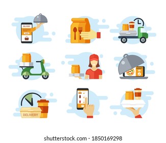 Fast food ordering and delivery set. Online order from smartphone hand holds package of food high speed delivery scooter and car smiling girl hold snacks for client. Cartoon vector.