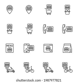 Fast Food Ordering line icons set, outline vector symbol collection, linear style pictogram pack. Signs, logo illustration. Set includes icons as burger menu, food delivery scooter, cheeseburger