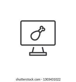 Fast food ordering screen line icon. linear style sign for mobile concept and web design. Computer monitor with chicken leg outline vector icon. Delivery symbol logo illustration. Pixel perfect vector