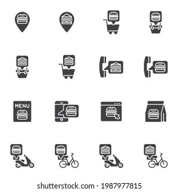 Fast Food Ordering vector icons set, modern solid symbol collection, filled style pictogram pack. Signs, logo illustration. Set includes icons as burger menu, food delivery scooter, cheeseburger