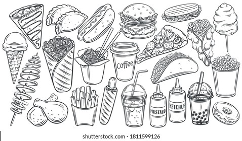 Fast food outline drawn icon set. Hamburger, hot dog, shawarma, wok noodles, pizza and others for takeaway cafe design. Vector illustration engraved style.