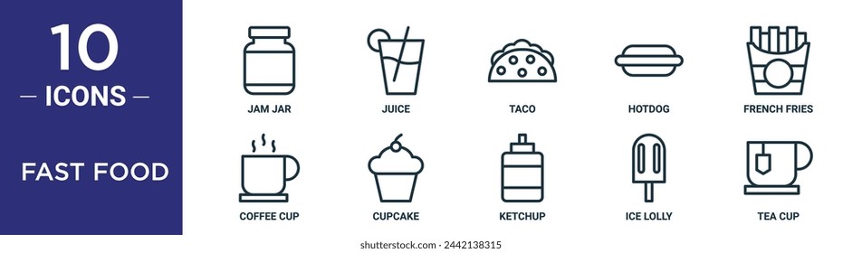 fast food outline icon set includes thin line jam jar, juice, taco, hotdog, french fries, coffee cup, cupcake icons for report, presentation, diagram, web design