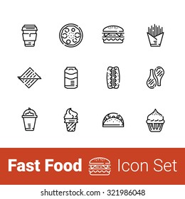 Fast food outline icon set of 12 icons.