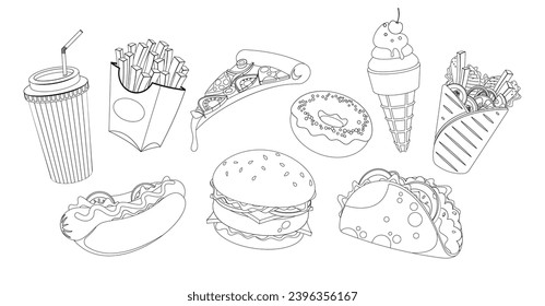 Fast Food Outline Icons Featuring A Burger, Fries, Soda, Donut, Ice Cream And Pizza Slice. Monochrome Linear Symbols