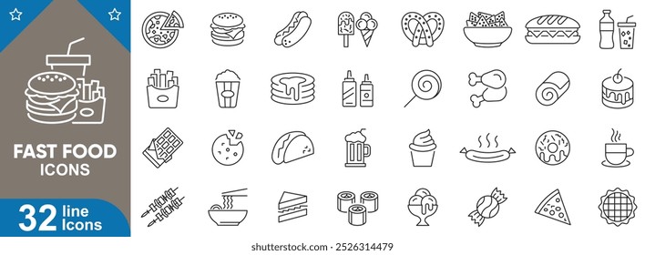 Fast food outline icons set. French, burger, pizza, sandwich, ice cream, donut, popcorn, kebab, sushi, coffee and more. vector illustrator.