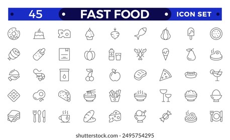 fast food outline icons. Fast food vector icon line set. Burger sandwich pizza hot dog cola coffee sweets
