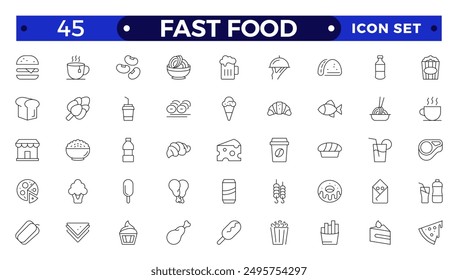 fast food outline icons. Fast food vector icon line set. Burger sandwich pizza hot dog cola coffee sweets
