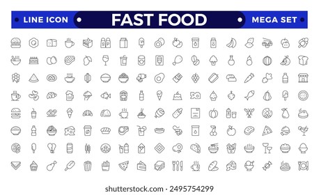 fast food outline icons. Fast food vector icon line set. Burger sandwich pizza hot dog cola coffee sweets
