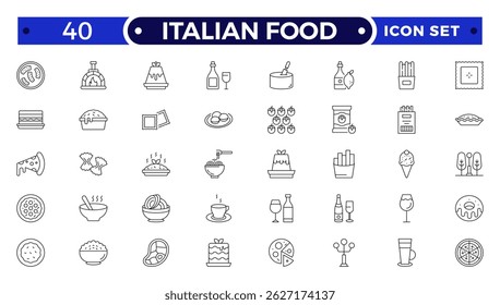 fast food outline icons. Fast food vector icon line set. Burger sandwich pizza hot dog cola coffee sweets.Italian Food icon.
