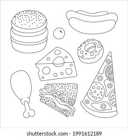 Fast food outline illustrations set. Hand drawn hamburger, hotdog, cheese, pizza, sandwich, chicken leg and donut. Part of set.