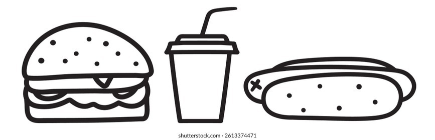 Fast food outline isolated icons. Burger, soda, hot dog. Black color. Illustration on white background.