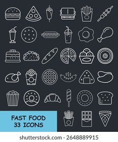 Fast food outline pictograms collection. Burger, pizza, french fries, drinks, fried chicken, donut, popcorn, chocolate bar, nuggets, sandwich and other meal items icon set vector art.