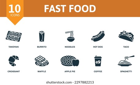Fast food outline set. Creative icons: takoyaki, burrito, noodles, hot dog, taco, croissant, waffle, apple pie, coffee, spaghetti.