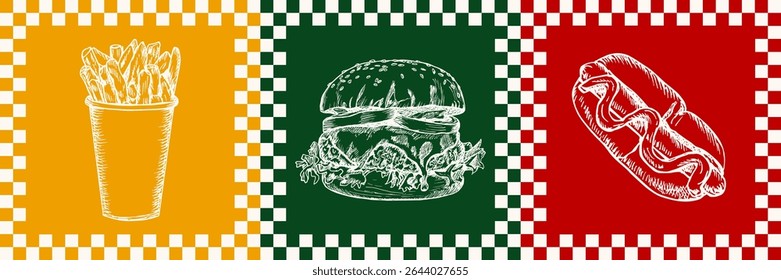 Fast food outline sketch illustration set. Hot dog, burger, french fries in engraving style, hand-drawn vector clipart