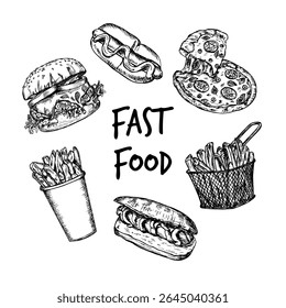 Fast food outline sketch illustration collection. Hot dog, burger, french fries, pizza in engraving style, hand drawn vector clipart