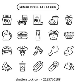 Juego de iconos vectoriales de esquema de comida rápida. Una colección como un paseo en auto, alitas de pollo, refrescos, patatas fritas y hamburguesa. Curso editable 64x64 píxeles.