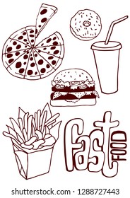 Fast food outlines vector illustration hand drawing set
