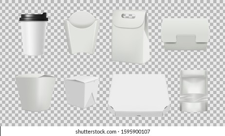 Fast food package. Realistic 3D food isolated paper packaging vector mockups