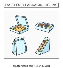 Fast Food Packaging color icons set. Sushi rolls, pizza and sandwich in paper boxes.Disposable food containers for restaurant 24-hour delivery.Isolated vector illustrations