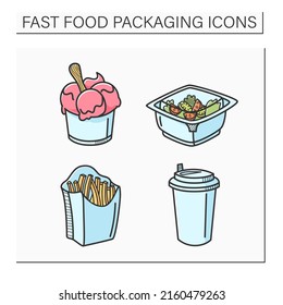 Fast Food Packaging color icons set. Ice cream, French fries, vegetable salad and coffee in paper boxes.Disposable food containers for restaurant 24-hour delivery.Isolated vector illustrations