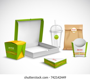 Fast food packaging corporate identity realistic templates samples set with vibrant green-white  pizza box vector illustration