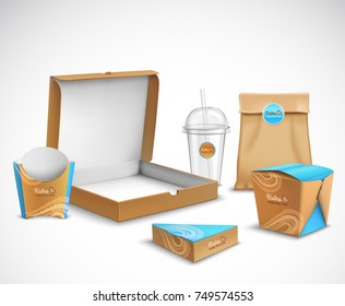 Fast food packaging corporate identity realistic templates set modern beige and bright blue turquoise colors vector illustration