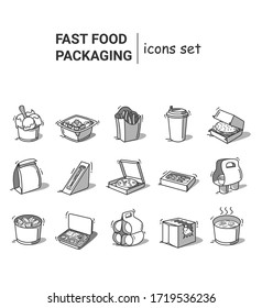 Fast Food Packaging line icons. Set into different containers,boxes,packets.Take away.Disposable food containers for restaurant. 24 hour delivery.Isolated vector illustrations