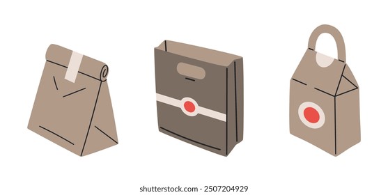 Fast food packaging. Paper takeaway food containers, delivery cardboard bags flat vector illustration set. Carton food packaging on white