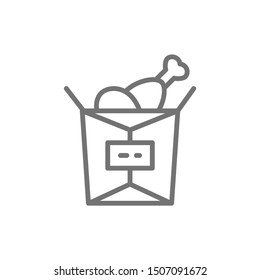 Fast food in paper box, fried chicken legs line icon.