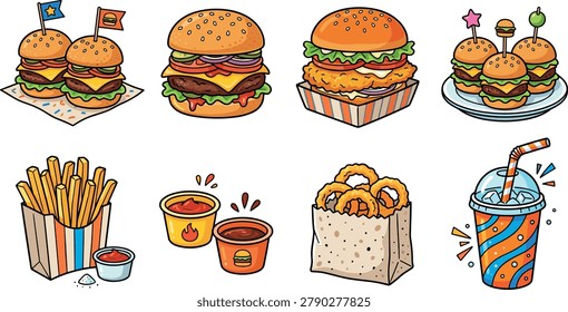 Fast food and party burger vector illustration set with cheeseburgers, chicken, sliders, fries, sauces, onion rings, and beverages