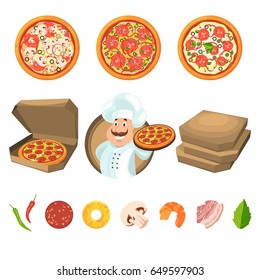 Fast food for party or italian lunch. Pizza with cheese and vegetables. Vector illustration in cartoon style