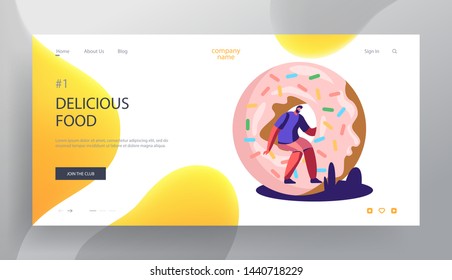 Fast Food, Pastry Website Landing Page, Tiny Man Sitting on Huge Donut, Bakery, Sweet Treat, Confectionery, Fastfood Outdoor Street Party, City Fest Web Page. Cartoon Flat Vector Illustration, Banner