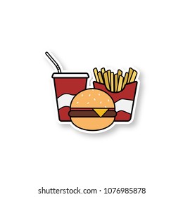 Fast food patch. Junk food. Cola paper cup, cheeseburger and french fries. Color sticker. Vector isolated illustration