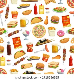 Fast food pattern background of burgers, sandwiches and pizza, vector seamless fastfood. Hamburgers, drinks and hot dog meals menu, desserts and fries, cheeseburger, sushi, tacos and burritos pattern