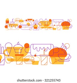 Fast food pattern and background, cafe menu decoration. Hot-dog, cupcake, coffee cup, tea and drinks, snacks icon set vector linear design illustration