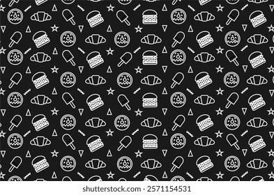 Fast food pattern background. Doodle fast food pattern. Set of fast food icons. Fast food icon collection. Seamless pattern of junkfood outline. 
