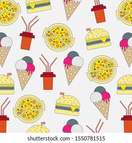 Fast food pattern. Burger, Drink with a Straws, Ice cream, Pizza.Line design illustration. Clip art. Vector design
