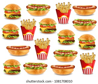 Fast food pattern with burger, hot dog, and french fries. Vector realistic 3d illustrations