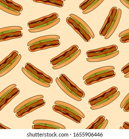 Diseño de patrones de comida rápida. Patrón Hotdog. Fondo de comida rápida con hotdogs. Diseño de patrones sin problemas