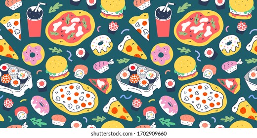 Fast food pattern with doodle food illustrations. Seamless vector background, italian pizza, sushi rolls,burgers and donuts, slices of pepperoni and margherita, trendy cartoon, vector texture