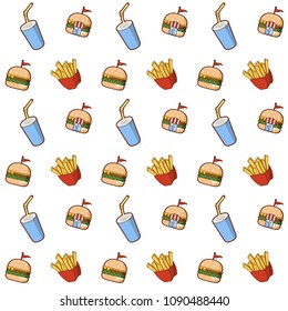 fast food pattern. flat cartoon icons design. burger, fries, drink. vector background isolated