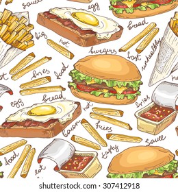 Fast food pattern; hamburger, bread with egg and bacon, fries and sauce on white background; vector seamless background