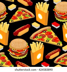 Fast food pattern. Hamburger and french fries on black background. Pizza and Hot Dog texture. Ornament delicious meal. Cheese sauce and ketchup
