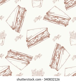 Fast food pattern with hamburger. Hand draw retro illustration. Vintage burger design. 