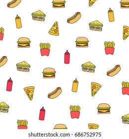 Fast food pattern with hamburger, hotdog, French fries, sandwich, pizza, mustard and ketchup.